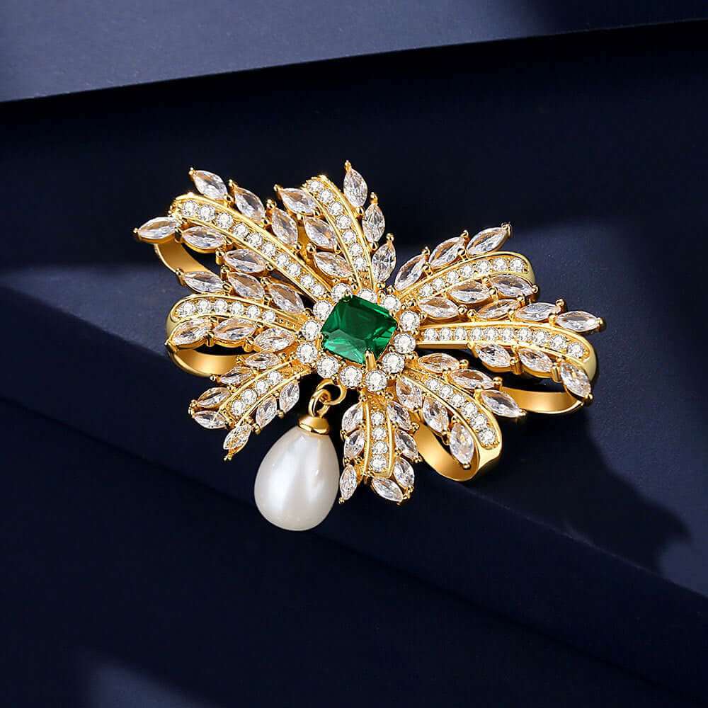 925 Silver Emerald Freshwater Pearl Bow Brooch